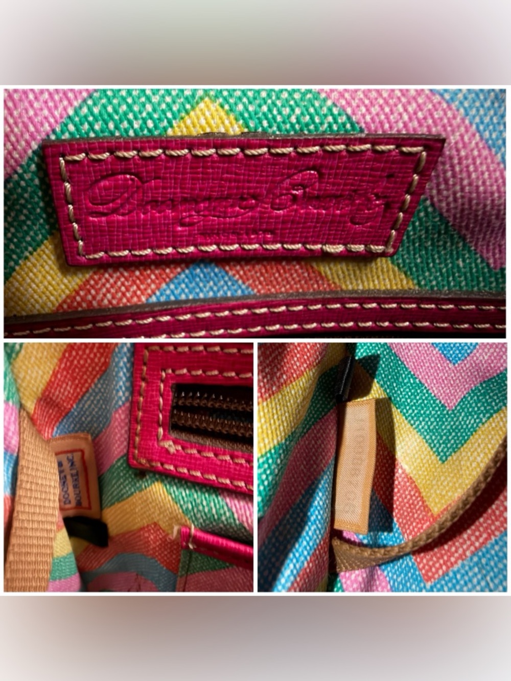 Dooney & Bourke Black Janine Leather Satchel Tan Trim Colorful Chevron Lining - Picture 2 of 16